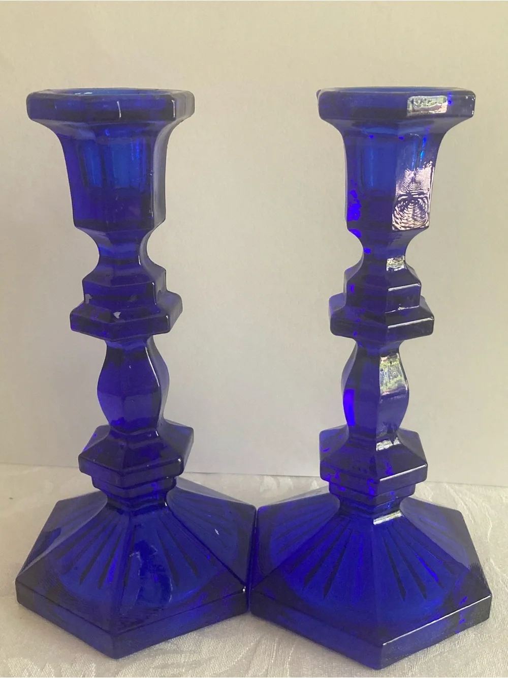 Vintage Cobalt Blue Glass Candlestick Pair - Elegant Home Accent